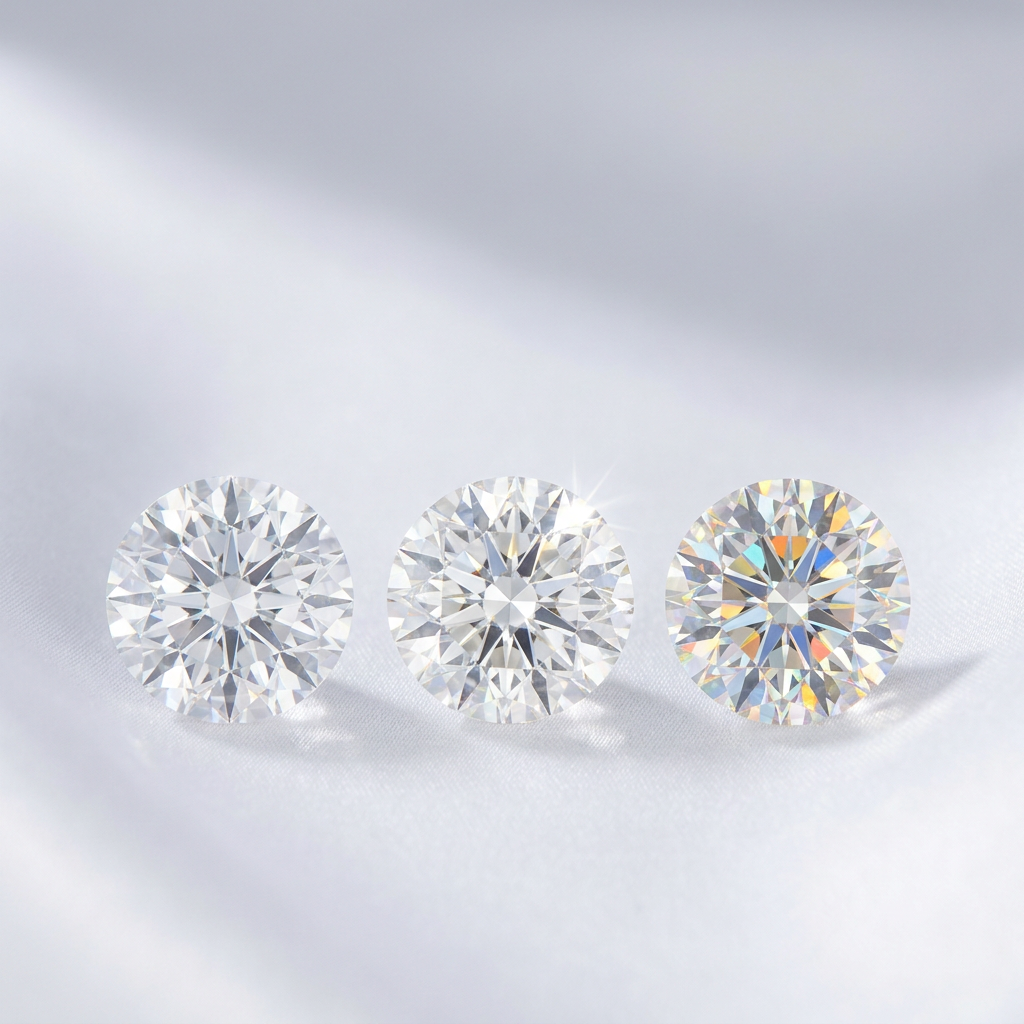 Three diamond alternatives side by side: cubic zirconia, moissanite, and lab-grown diamond