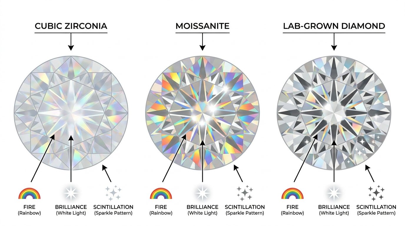 Sparkle comparison infographic of three stones