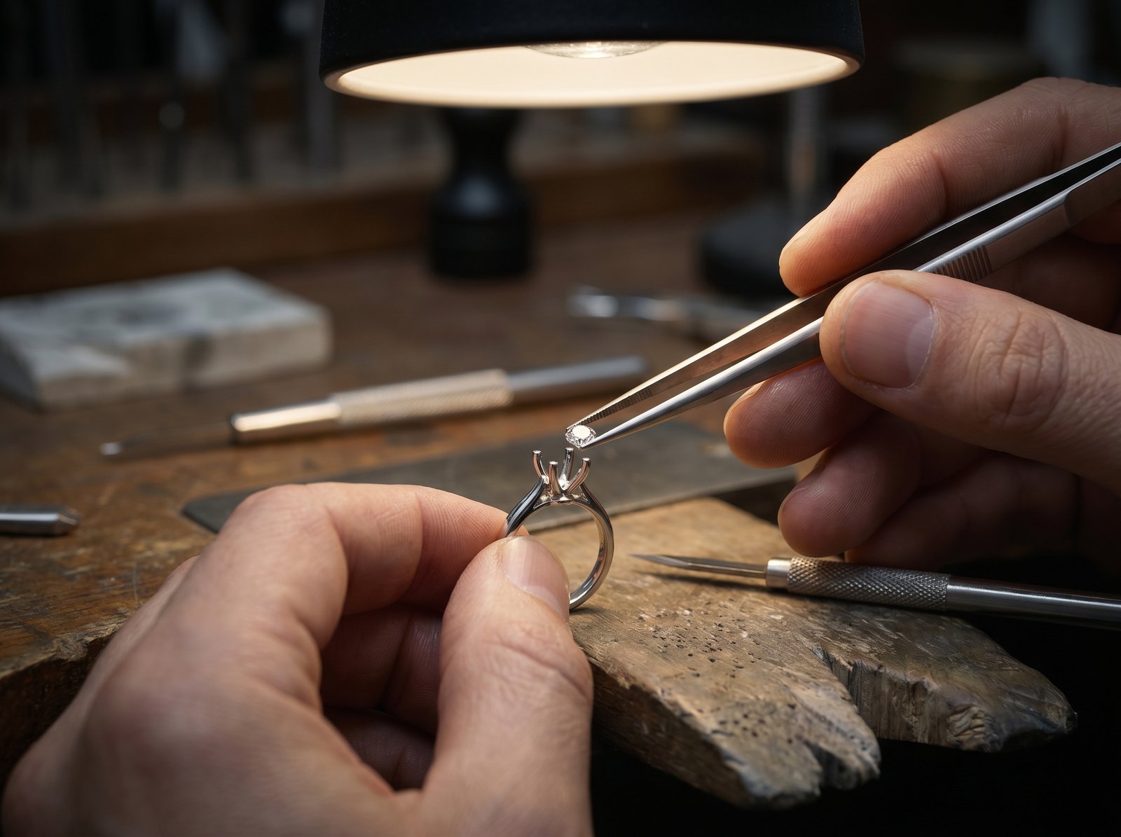 Step 10: Master setter placing a diamond into a prong setting